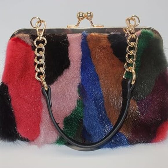 Neiman Marcus Mink Fur Multicolor Print Clutch Bag - Picture 3 of 7
